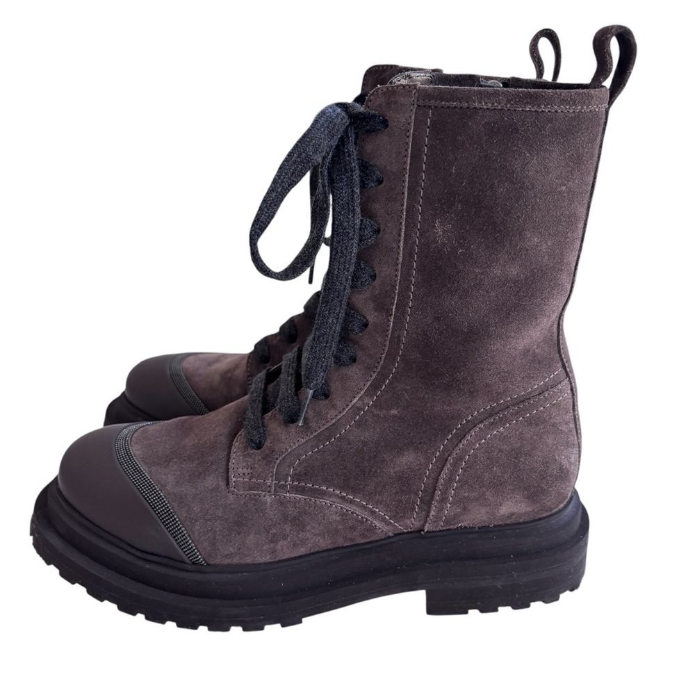 BRUNELLO CUCINELLI Brown Suede Boots with Monil Chain Sz 37
